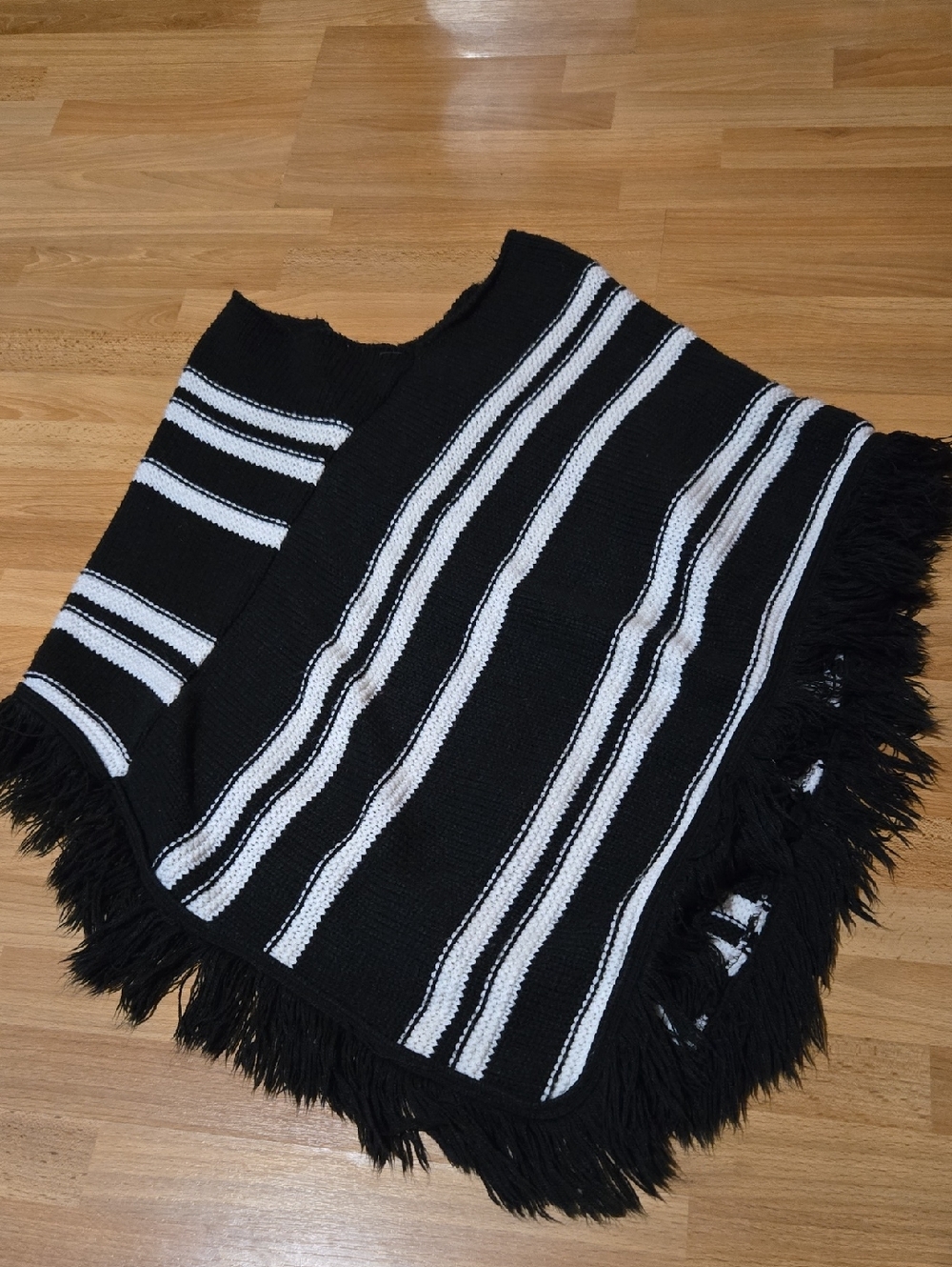 jason maxwell Black and White Striped Fringe Poncho